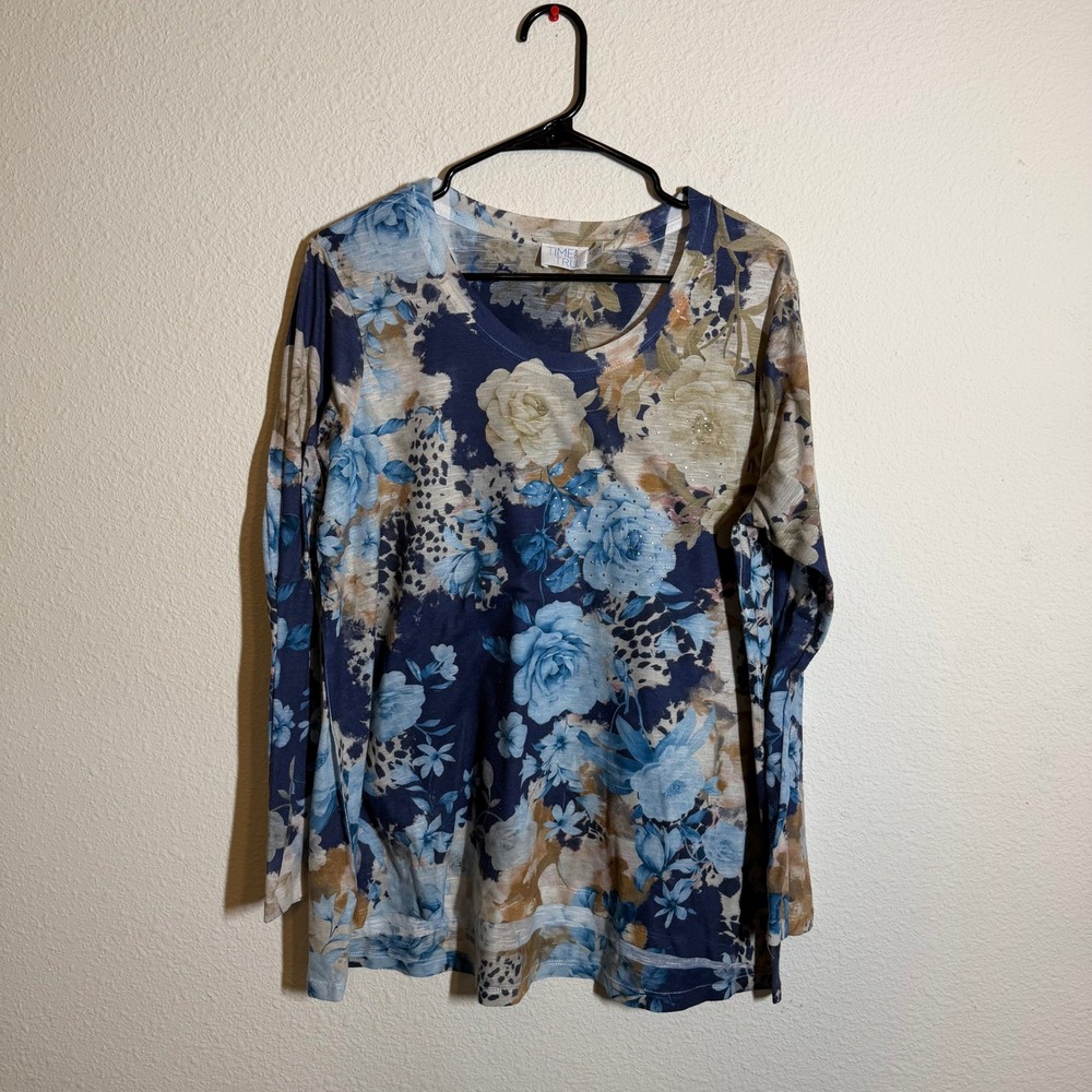 Time and‎ Tru Womens Blue Floral Leopard Print Rhinestone Long Sleeve Top Large